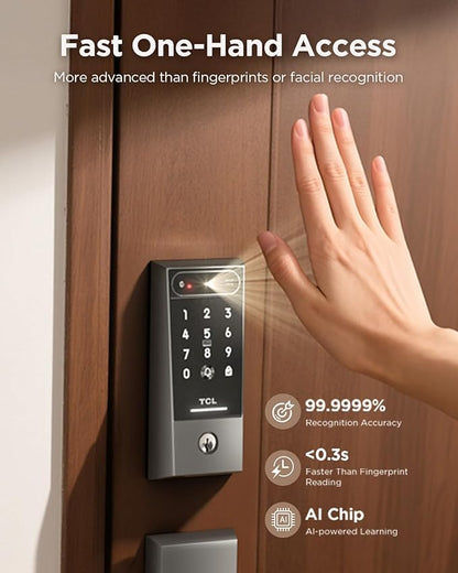 TCL Smart Lock D2 Pro with Palm Vein Recognition, Keyless Entry Door Lock for Front Door, Wi-Fi Keypad Deadbolt, App Remote Control, Auto Lock, Rechargeable Battery, Works with Alexa & Google