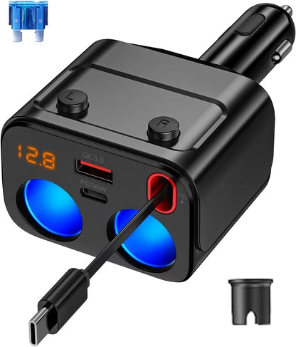180W Retractable Car Charger Cigarette Lighter Splitter, 5 in 1 USB Fast Car Phone Charger with Retractable Cable 2 USB Ports, 2 Cigarette Lighter Socket with Separate Switch LED Voltmeter