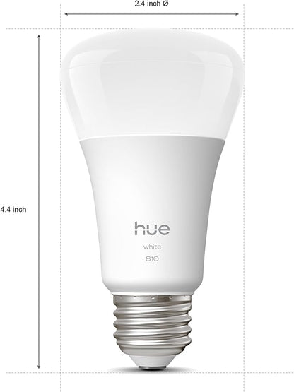 Philips Hue Smart LED A19 Bulb, Warm White Light 2700K, E26 Base, 9W, 810 Lumens, Dimmable, Works with Alexa, Google Assistant, and Apple Home, 2pk