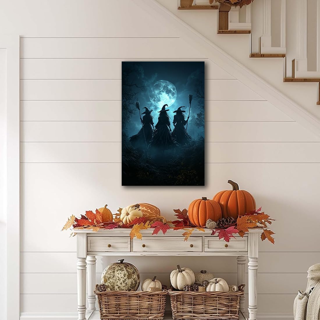 Moonlight Witches Halloween Canvas Art Picture,Three Witches on Broom in Forest Painting Print Gothic Decor,Halloween Witch Poster Witchy Room Aesthetic Bedroom Home Decorations,24"x36" Unframed