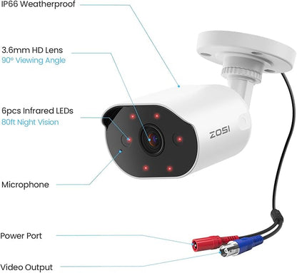 ZOSI 1080P HD Add On Camera, 2MP Indoor Outdoor Surveillance Home Security Camera with One-Way Audio, Night Vision, AI Human Vehicle Detection, IP66 Weatherproof, Only Work with ZOSI CCTV DVR