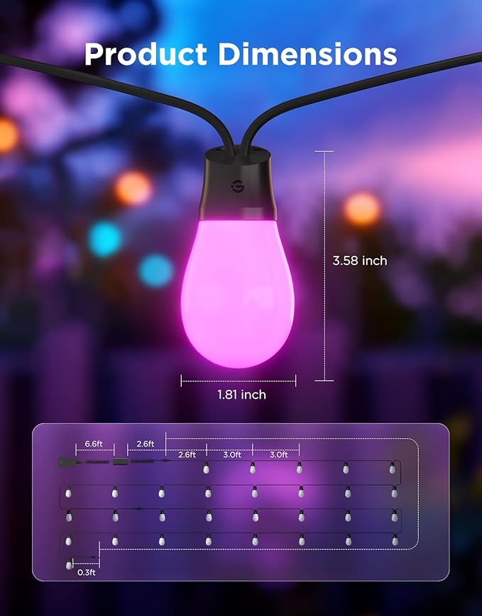 Govee S14 Bulb Outdoor String Lights 2, 96ft Smart RGBIC Warm White Patio Lights with 15 LED Bulbs, 111 Scene Modes for Outdoor Decor, Upgraded IP66 Compatible with Alexa, Google, Matter, APP Control
