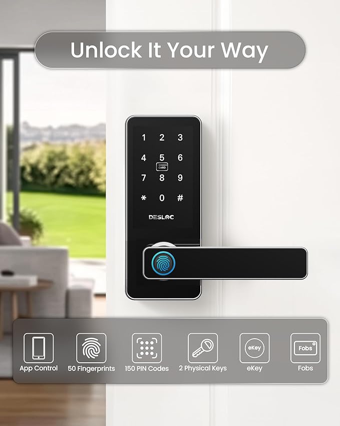 DESLOC B200L Fingerprint Smart Lock with Handle, Keyless Entry Door Locks for Front Door and Bedrooms, App Control, Touchscreen Keypad, Auto-Lock, 12-Month Battery, Emergency Power Port, IP54 Silver