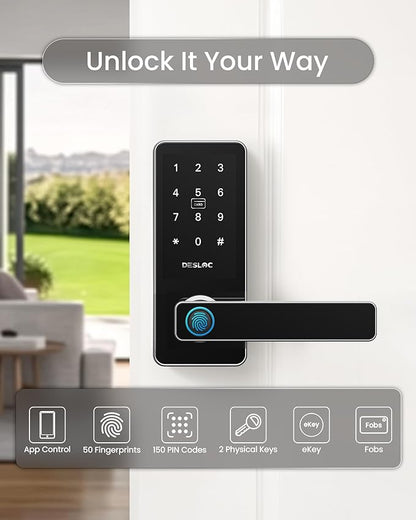 DESLOC B200L Fingerprint Smart Lock with Handle, Keyless Entry Door Locks for Front Door and Bedrooms, App Control, Touchscreen Keypad, Auto-Lock, 12-Month Battery, Emergency Power Port, IP54 Silver