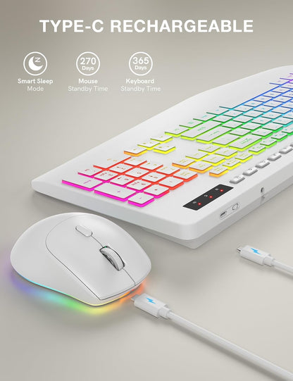Wireless Keyboard and Mouse Backlits, Wrist Rest, LED Mouse, Rechargeable Ergonomic Keyboard with Phone Holder, Silent Light Up Combo for Computer, Mac, PC, Laptop, Chromebook (White)