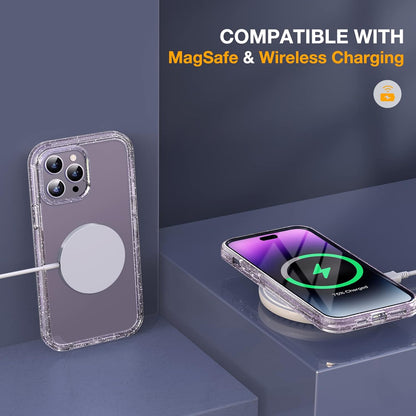 Miracase Glass Series Designed for iPhone 14 Pro Case 6.1 Inch, Upgrade Full-Body Bumper Case with Built-in 9H Tempered Glass Screen Protector, with Camera Lens Protector, Glitter Clear