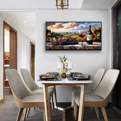 HUADAOART Kitchen Wall Decor Framed Canvas Print Grape Wine Glass Estate Wall Art for Restaurant Rural Landscape Pictures Office Home Decoration 20 x 40 inches Ready to Hang