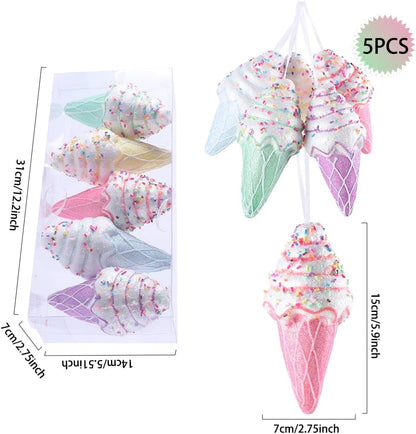 Macaron Color Dessert Ice Cream Pendant Set - 5pcs Christmas Tree Hanging Candy Gift for Xmas, New Year, Birthday Parties