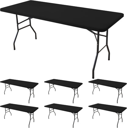Fitted Tablecloth for 8 Foot Rectangle Tables-6 Pack Black Elastic Outdoor Picnic Table Cover-Spandex Stretch Folding Table Cloths 8ft for Camping Dining Room Patio Kitchen Banquet Party