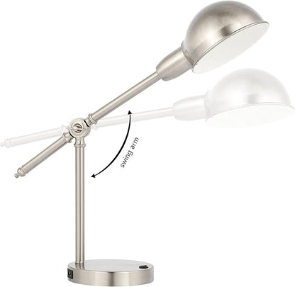 JONATHAN Y 20.25" Nickel Vintage Industrial Iron Adjustable Task Lamp with USB Charging Port for Office Desk, Metal Yellow Dome Shade, LED Bulb Included (JYL7123B)