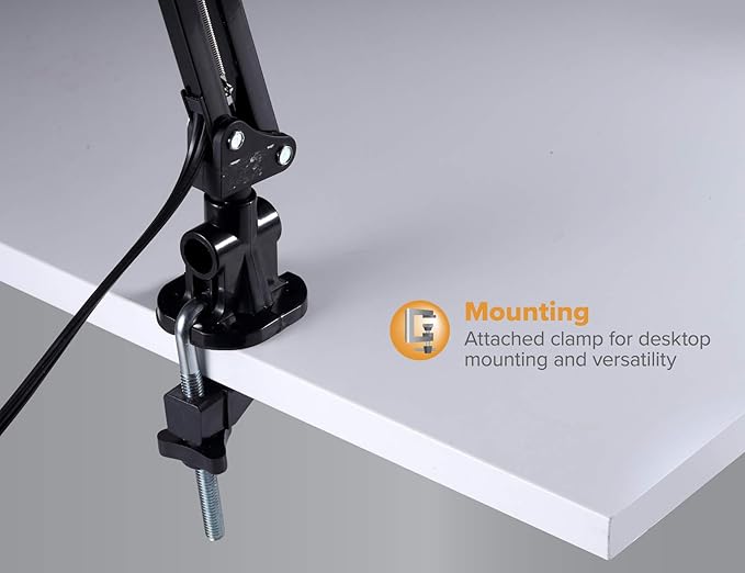Bostitch Office VLF100 LED Swing Arm Desk Lamp with Clamp Mount, 36" Reach, Includes LED Bulb,Black