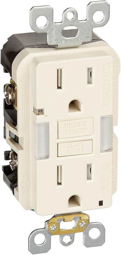 Leviton GFCI Outlet with Guidelight, 15 Amp, Self Test, Tamper-Resistant with LED Indicator Light, Replaces Plugged in Night Light, GFNL1-T, Light Almond