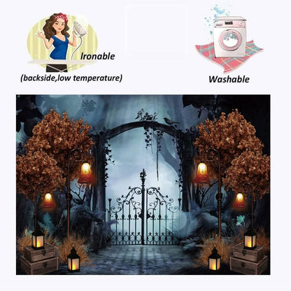 Durable Fabric Halloween Backdrop 7x5ft Horror Cemetery Iron Gate Scary Halloween Photo Background for Photography Halloween Party Decorations Banner Photo Studio Decoration Supplies