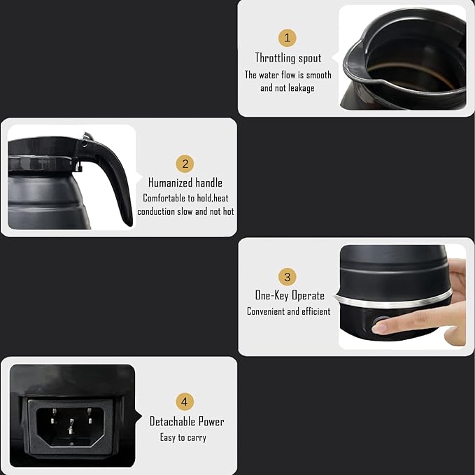 Travel Kettle Electric Small Foldable Portable Kettle,Silicone Collapsible Heating Water Boiler Tea Pot for Camping,Easy for Storage with Separable Power Cord (Black)