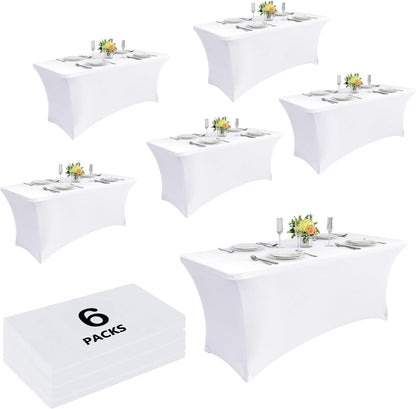 Craft And Party 6 Pack 8ft White Spandex Tablecloth – Fitted Stretch Cover – Universal Fit for Folding Tables – Wrinkle-Free, Washable – Ideal for Parties, Weddings, Events