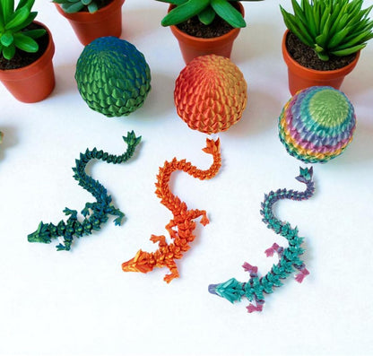3PCS 3D Printed 12” Articulated Crystal Dragon Inside 5.1” Egg – Fantasy Collectible, Fidget Toy & Stocking Easter Basket Stuffers for Home & Office Decor (3pcs - Rainbow)