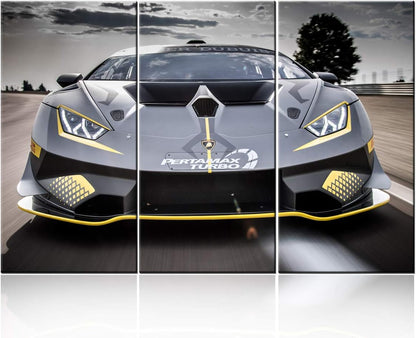 Wall Art for Living Room Black Sports Car Paintings Fantasy Scenery Pictures Contemporary Artwork Printed on Canvas Home Decor Giclee Framed Stretched Ready to Hang Gift - 40 x 20inch x 3 panels