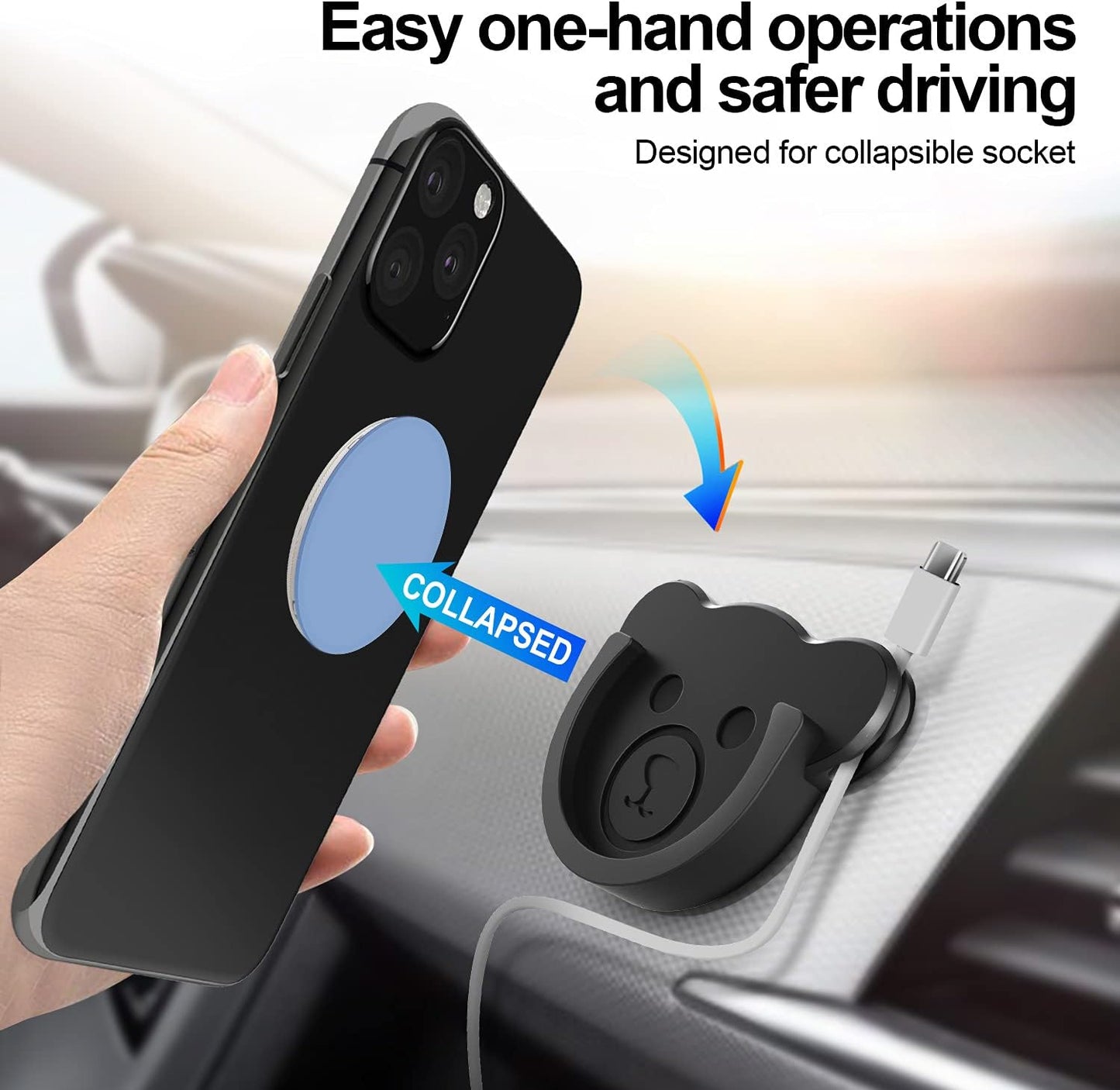 TOPGO Socket Car Mount for Phone Holder Cute Bear Style Silicone Grip Stand with Phone line Clasp for Collapsible Socket User Used on Dashboard, Home, Office, Kitchen, Desk, Wall (Black) 3 Pack