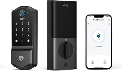 eufy Security Smart Lock C220, Fingerprint Keyless Entry Door Lock, Built-in Wi-Fi, App Remote Control, Front Door Smart Lock Deadbolt, 8Months Battery, Reliable Power, IP53, Black, Traditional