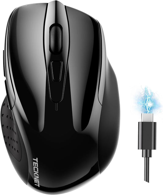 TECKNET Wireless Mouse (BT5.0/3.0 & 2.4G) Rechargeable 4800 DPI Silent USB A & Bluetooth Mouse 6 Buttons, Wide Compatibility - Black