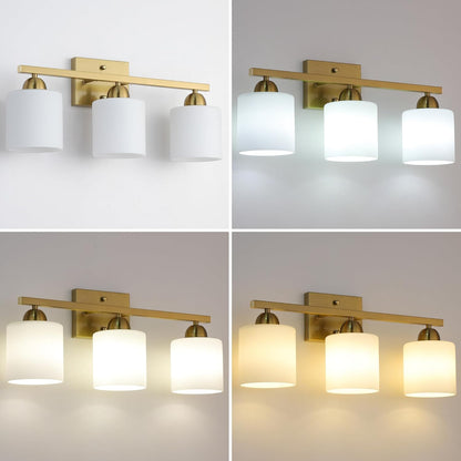 Stainless Steel Milk Glass Vanity Lights for Bathroom, 3 Light Gold Bathroom Light Fixtures Over Mirror, Ceramic E26 Sockets Wall Mounted