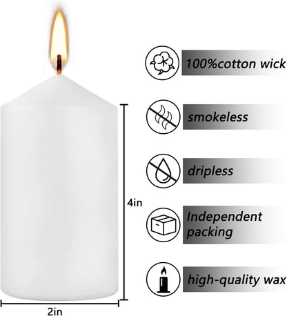 20 Pcs Bulk Long Burning Wax Pillar Candles 2" x 4" Dripless Unscented Smokeless for Wedding Party Spa Lantern Fireplace Home(White)