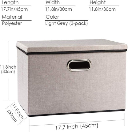 PRANDOM Large Foldable Storage Bins with Lids [3-Pack] linenFabric Decorative Storage Boxes Organizer Containers Baskets Cube with Handles Divider for Bedroom Closet Office Light Grey(17.7x11.8x11.8)