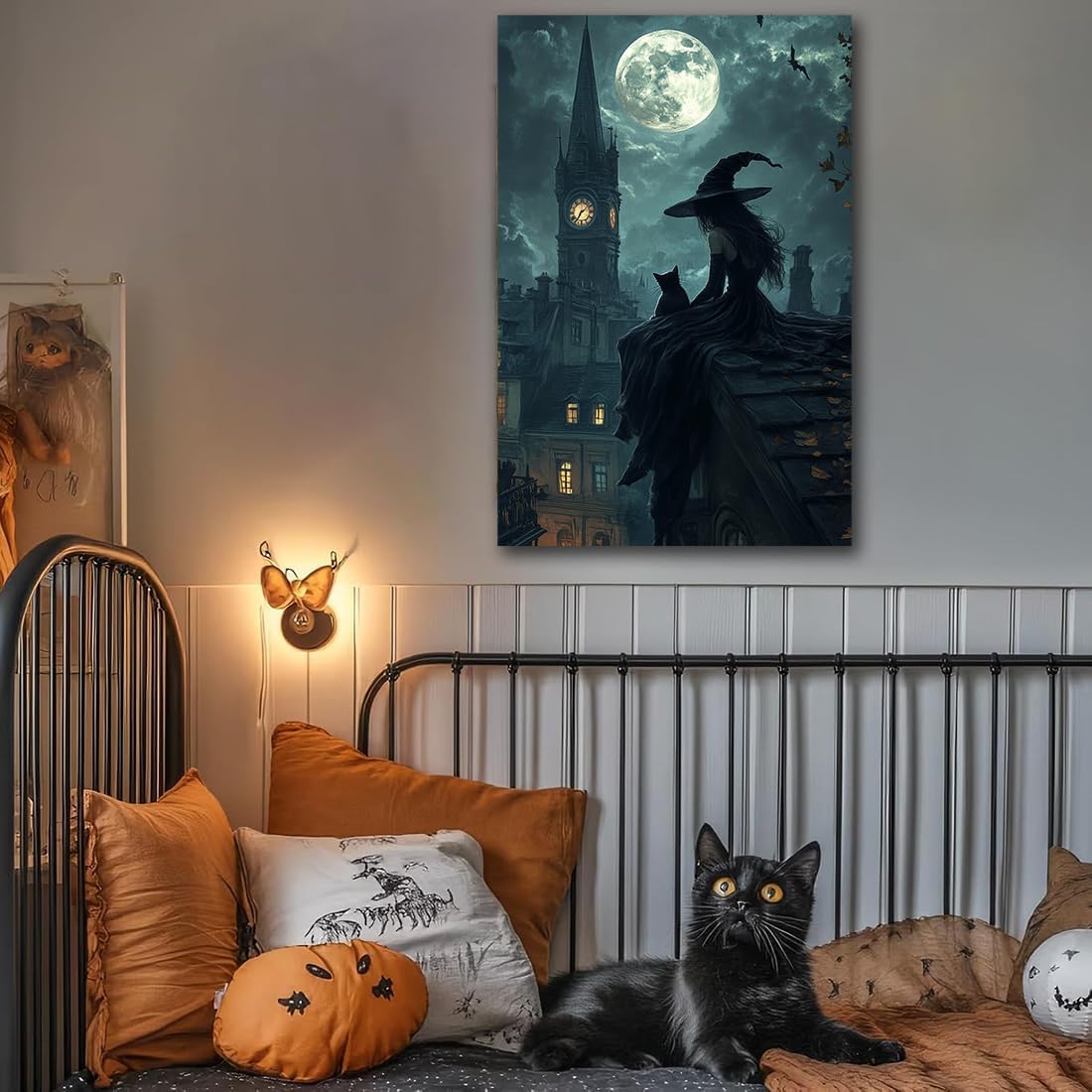 Halloween Witch Black Cat Wall Art,Magical Moon Witch on Roof with Black Cat at Night Scene Painting Haunting Dark Witches Canvas Print for Haunted House Party Decor Poster,16"x24" Unframed