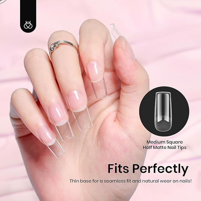 Beetles Nail Tips Medium Square 576Pcs 12 Sizes - Pre-Etched Soft Acrylic Nail Tips Half Matte False Nails Nail Art Full Cover Press Ons Nail Extensions Gift Set Home DIY Nail Salon