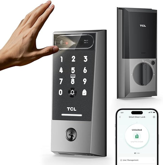 TCL Smart Lock D2 Pro with Palm Vein Recognition, Keyless Entry Door Lock for Front Door, Wi-Fi Keypad Deadbolt, App Remote Control, Auto Lock, Rechargeable Battery, Works with Alexa & Google