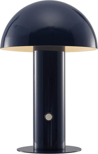JONATHAN Y 10.75" Navy Rechargeable LED Mushroom Table Lamp, Cordless Portable Bedside Lamp for Living Room Bedroom, 3-Way Dimmable Modern Iron Desk Light, Metal Shade (JYL7115E)