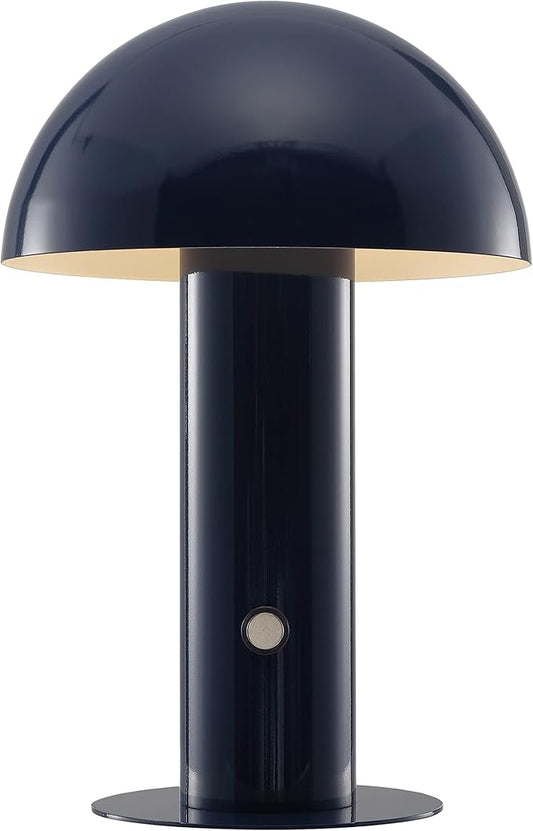 JONATHAN Y 10.75" Navy Rechargeable LED Mushroom Table Lamp, Cordless Portable Bedside Lamp for Living Room Bedroom, 3-Way Dimmable Modern Iron Desk Light, Metal Shade (JYL7115E)