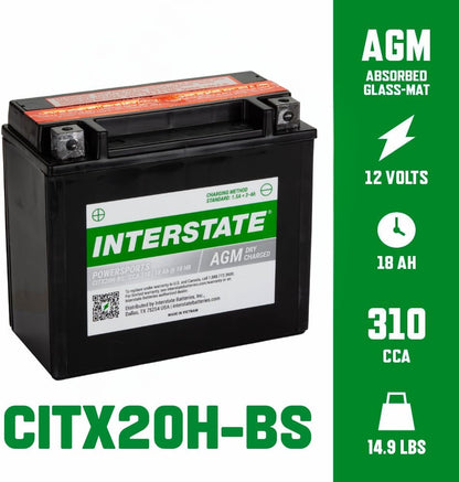 Interstate Batteries YTX20H-BS 12V 18Ah Powersports Battery 310CCA High-Performance AGM Rechargeable Replacement for Arctic Cat, Harley Motorcycles, Bikes, ATVs, Jet Skis, Snowmobiles (CITX20H-BS)