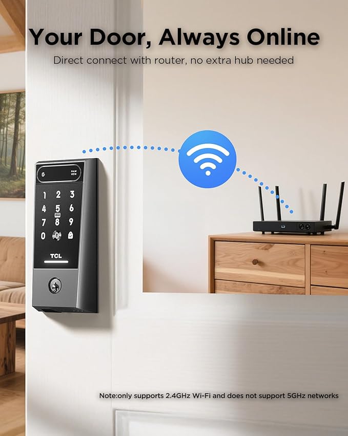 TCL Smart Lock D2 Pro with Palm Vein Recognition, Keyless Entry Door Lock for Front Door, Wi-Fi Keypad Deadbolt, App Remote Control, Auto Lock, Rechargeable Battery, Works with Alexa & Google