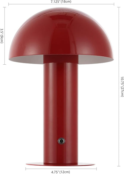 JONATHAN Y 10.75" Red Rechargeable LED Mushroom Table Lamp, Cordless Portable Bedside Lamp for Living Room Bedroom, 3-Way Dimmable Modern Iron Desk Light, Metal Shade (JYL7115G)