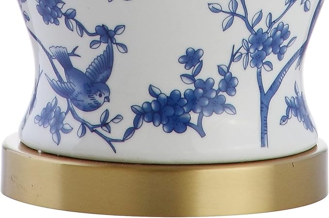 JONATHAN Y 22" Blue/White Ceramic Table Lamp, French Country Chinoiserie Ginger Jar LED Bedside Lamp for Living Room Bedroom, White Linen Shade, JYL3005A