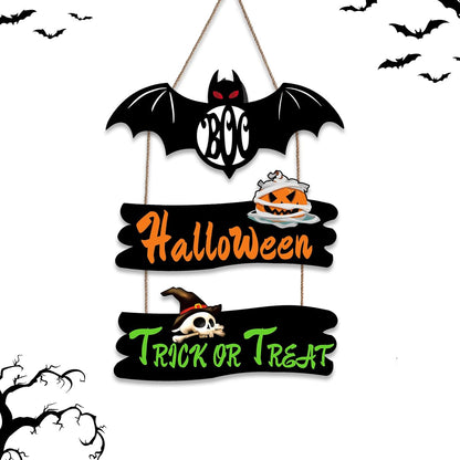 Halloween Door Hanging Sign Decoration 3 Pieces Wooden Plaques Wall Art with Bat Pumpkin Skull Pattern Trick or Treat Wooden Plaques for Yard Front Door Home Outdoor Hanger