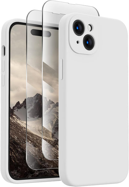 FireNova Designed for iPhone 15 Case, Silicone Upgraded [Camera Protection] Phone Case with [2 Screen Protectors], Soft Anti-Scratch Microfiber Lining Inside, 6.1 inch, White