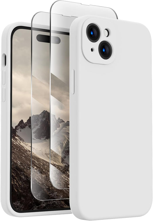 FireNova Designed for iPhone 15 Case, Silicone Upgraded [Camera Protection] Phone Case with [2 Screen Protectors], Soft Anti-Scratch Microfiber Lining Inside, 6.1 inch, White