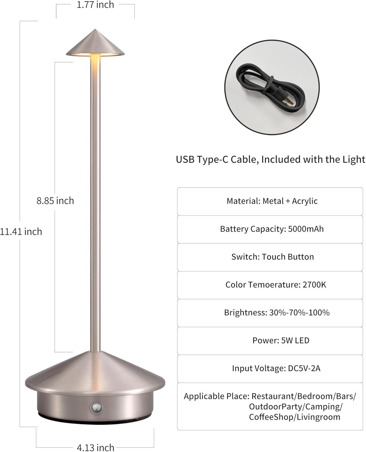 Modern Cordless Table Lamp Set of 2, Portable LED Desk Lamps, 5000mAh Rechargeable Battery Operated Lighting for Bedroom Dining Room Restaurant Coffee Shop Camping Night Light (Brushed Nickel)