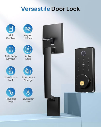 WiFi Front Door Lock Set - Fingerprint Smart Locks Handle Set Keyless Entry APP Smart Control with 2 Lever Handles Auto Lock Electronic Keypad Deadbolt for House Apartment