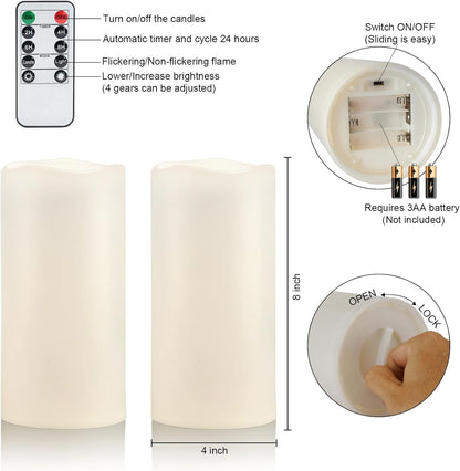 Amagic 2 Pack 8" x 4" Outdoor Plastic Electric flameless Candles with Remote Control and Timer, Battery Operated Flickering LED Pillar Fake Candle for Home, Wedding Decor, Ivory