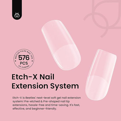 Beetles Gel Nail Tips Etch-X, Square Short, 576Pcs 12 Sizes, Pre-Shaped Half Matte Full Cover Soft Acrylic False Nail Tips Easy DIY Press On Nail Extension Manicure Salon Gift for Women