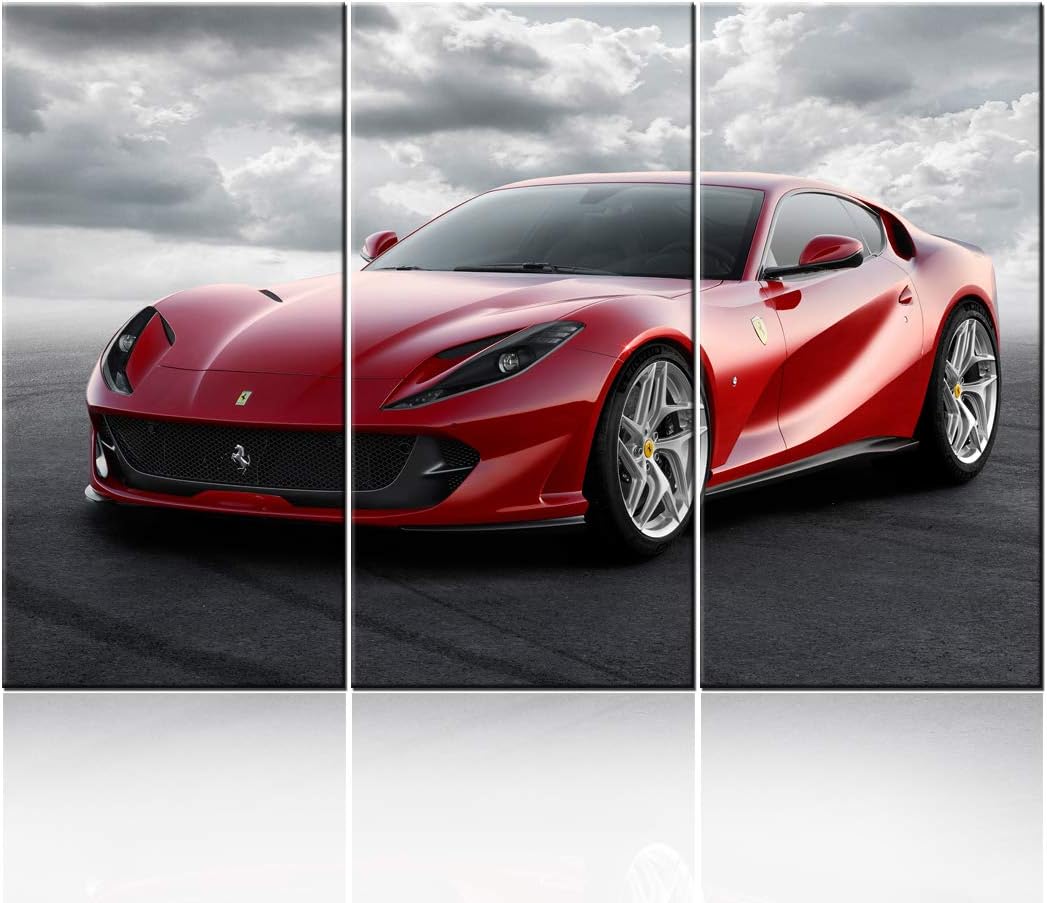 Red Sports Car in Black and White Posters Canvas Framed Wall Art Racing Cars Pictures Printed on Canvas Painting Artwork for Living Room Bedroom Interior Decoration Ready to Hang 28 x 14inch x 3 panel