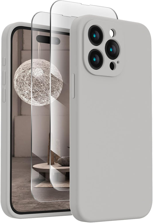 FireNova Designed for iPhone 15 Pro Max Case, Silicone Upgraded [Camera Protection] Phone Case with [2 Screen Protectors], Soft Anti-Scratch Microfiber Lining Inside, 6.7 inch, Natural Titanium