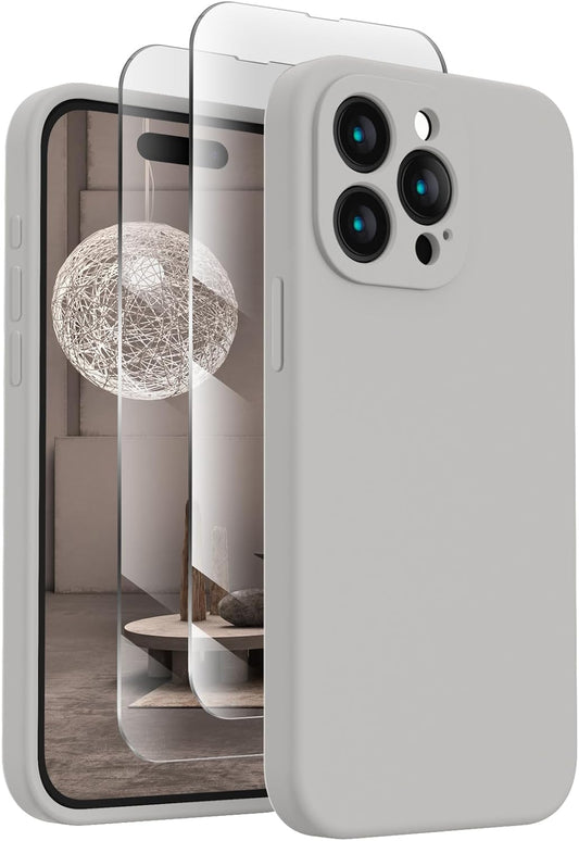 FireNova Designed for iPhone 15 Pro Case, Silicone Upgraded [Camera Protection] Phone Case with [2 Screen Protectors], Soft Anti-Scratch Microfiber Lining Inside, 6.1 inch, Natural Titanium
