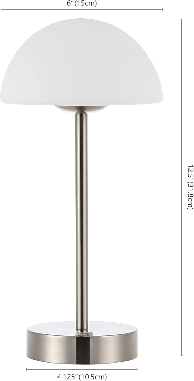 JONATHAN Y 12.5" Nickel Modern Rechargeable Portable LED Table Lamp, Cordless Dimmable Touch Accent Lamp with White Frosted Glass Shade for Bedroom Living Room Bar Vanity JYL7109A