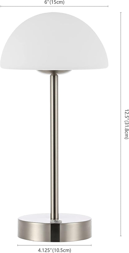 JONATHAN Y 12.5" Nickel Modern Rechargeable Portable LED Table Lamp, Cordless Dimmable Touch Accent Lamp with White Frosted Glass Shade for Bedroom Living Room Bar Vanity JYL7109A
