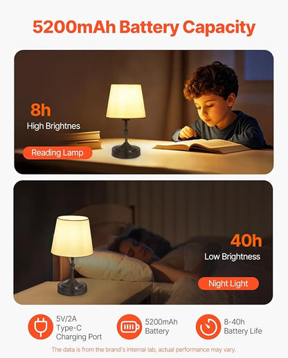 VEVOR Cordless Table Lamp, 5200mAh Built-in Rechargeable Battery Small Desk Lamp, 3-Level Brightness, Fabric Shade, 2700-3000K Color Temperature, Table Light for Restaurant, Bedroom, Bars, Black