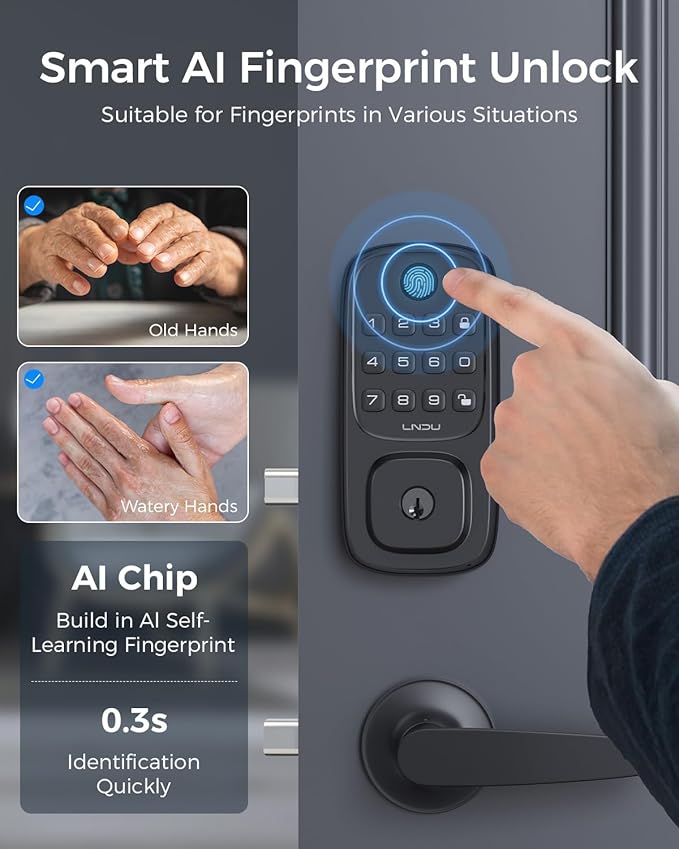 Keyless Entry Door Lock, WiFi Smart Keypad Deadbolt with Handle Set, Supports Fingerprint, Amazon Alexa, Google Assistant, App Control, Auto-Lock, One-Time Code, Anti-Peeking Password